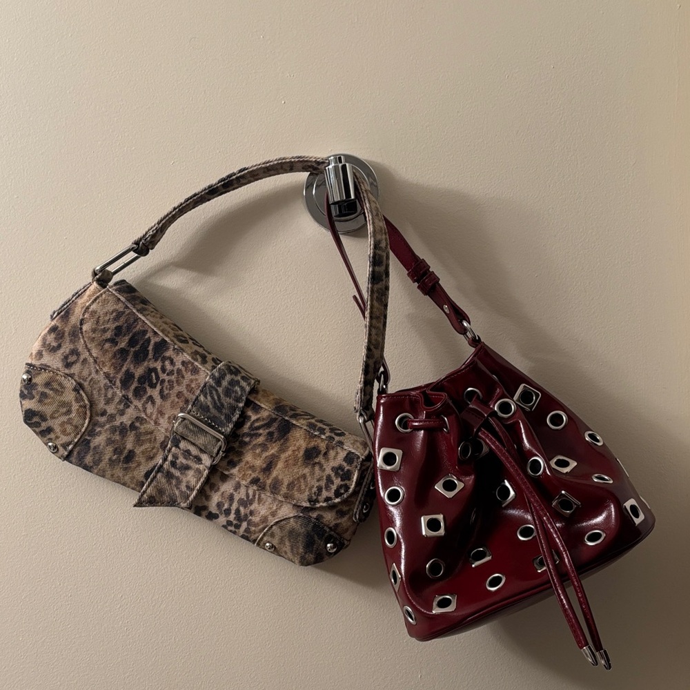 2 Bag Lot: Burgundy Embellished Bucket Bag and Leopard Denim Bag